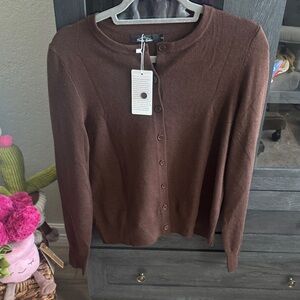 Classic Brown Button-Front Crewneck Cardigan Sweater